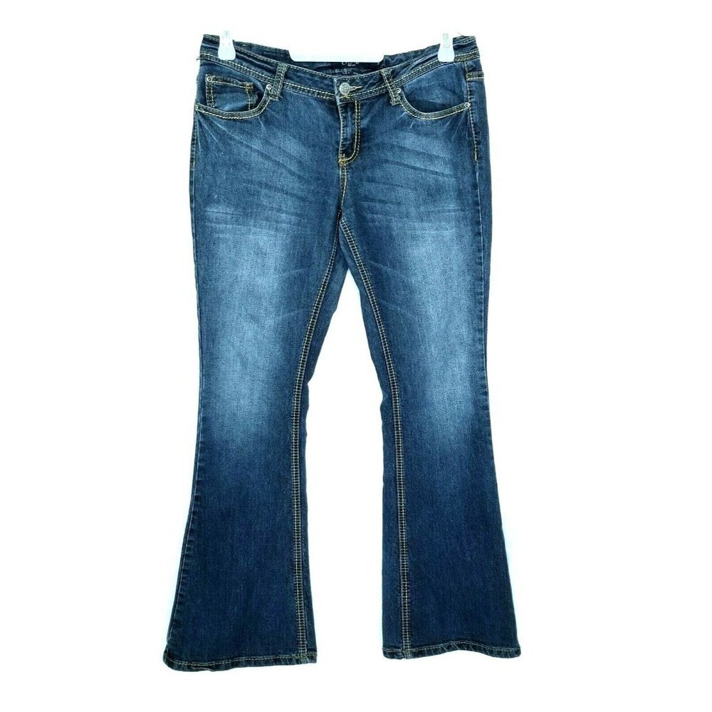 Womens Dark Wash Low Rise Flare Stretch Earl Jean